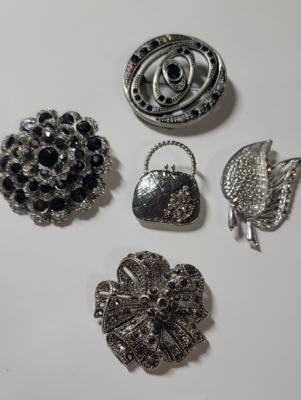 Silver-Tone Multi-Style Brooch Lot with Black and Clear Stones